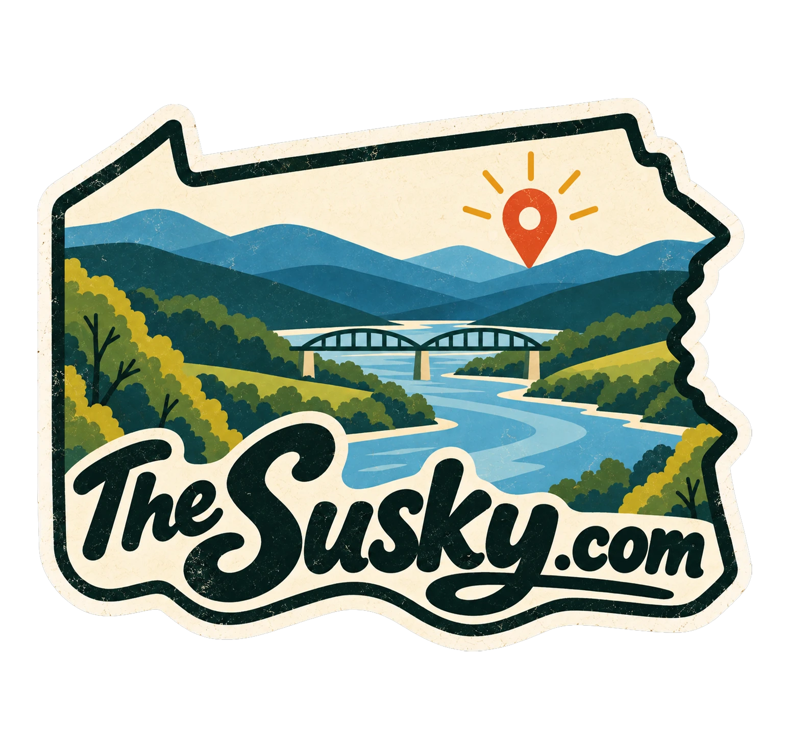The Susky sticker logo: the outline of Pennsylvania framing blue ridges, a green river valley, a steel truss bridge over the Susquehanna and a red map pin, with TheSusky.com in bold script